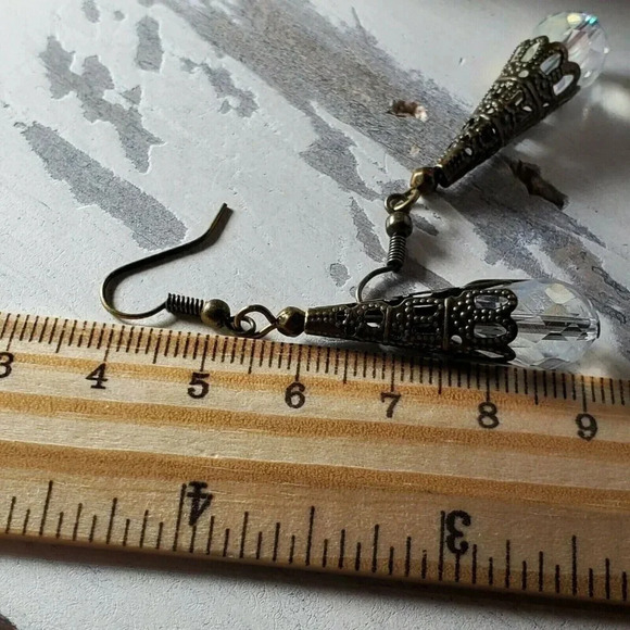 Faceted Clear Luster Crystal Antique Bronze Filigree Teardrop Earrings - Picture 9 of 9